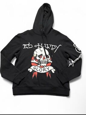 Ed Hardy Black Crewneck Hoodie with Skull 'Glory' Graphic